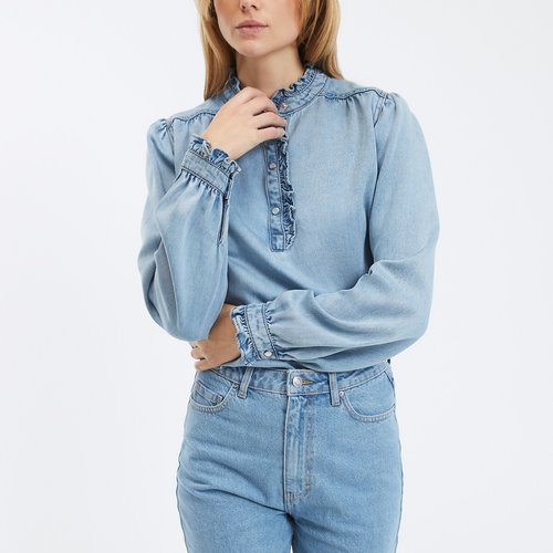 Denim ruffle blouse sales