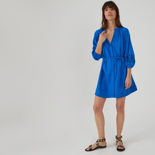 Robe evasee courte manches longues brodees bleu La Redoute Collections La Redoute