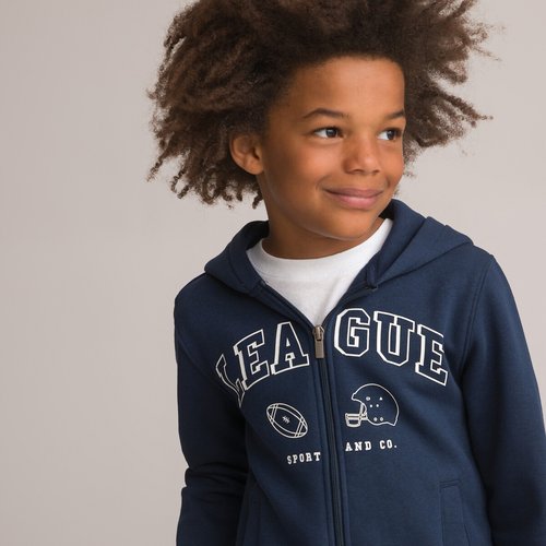 Sweat zippe a capuche en molleton imprime bleu marine La Redoute Collections La Redoute