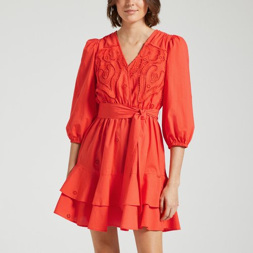 Robe courte evasee a volants manches 3 4 cliff orange Suncoo La Redoute