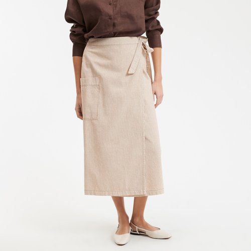 Striped wrapover straight midi skirt, ecru/brown stripes, La
