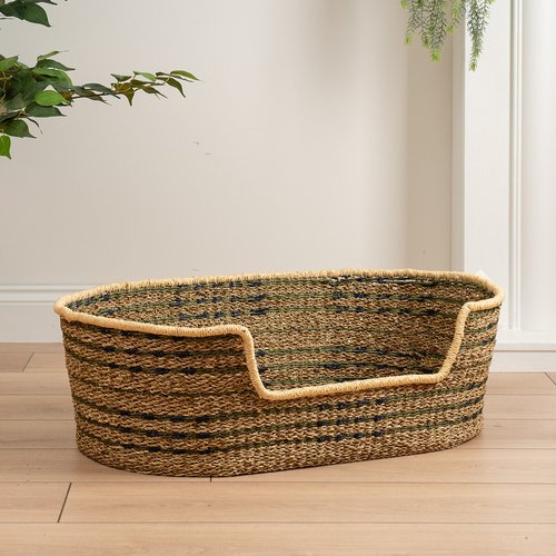 Green And Natural Check Woven Pet Bed With Cushion Medium Natural So green-and-natural-check-woven-pet-bed-with-cushion-medium-natural-so