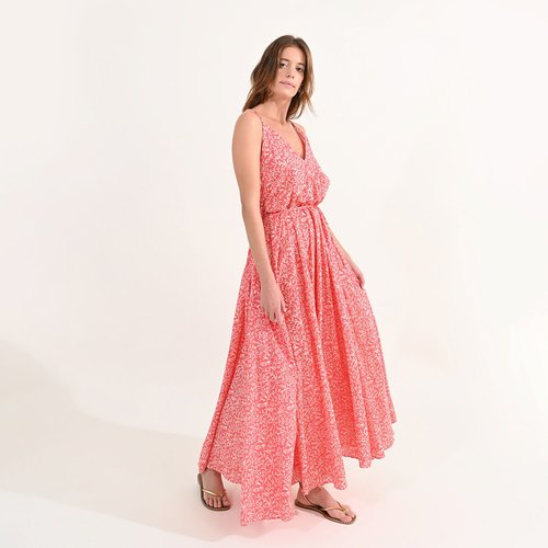 Printed cotton maxi dress with v neck coral Molly Bracken La Redoute