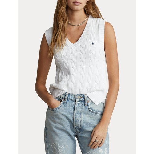 Pull sans manches col v maille torsadee blanc Polo Ralph Lauren La Redoute