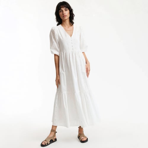 Robe D'Été Blanche Brodée Vintage à Bretelles - Taille M/L 40-42 - 100% Coton