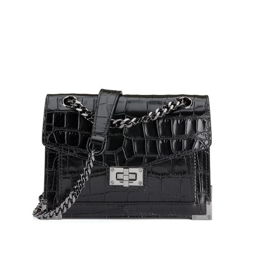 Black patent mock croc handbag store