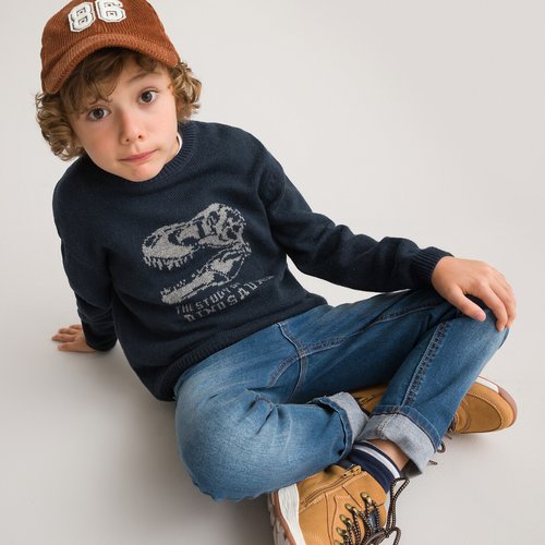 Fine knit dinosaur jumper in cotton mix with crew neck navy blue La Redoute Collections La Redoute