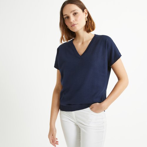 Fine knit jumper sweater with short sleeves and v neck in cotton mix navy blue Anne Weyburn La Redoute