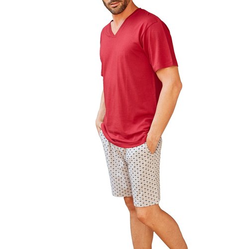 Cotton mix short pyjamas with v neck top red grey Dodo La Redoute
