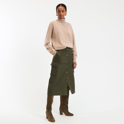 Jupe Femme Benetton évasée Velours Côtelé Coton - Vert Kaki - Taille 38 - Occasion Très Bon état