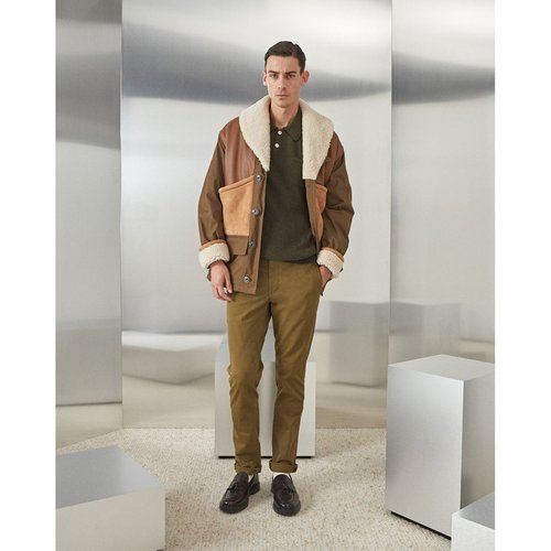 Manteau en peau lainee et empiecements cuir cameraman vert kaki Chevignon La Redoute