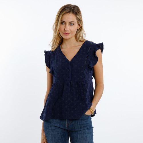 Blouse sans manches avec col V motif petit pois petite patte de boutonnage CERINE