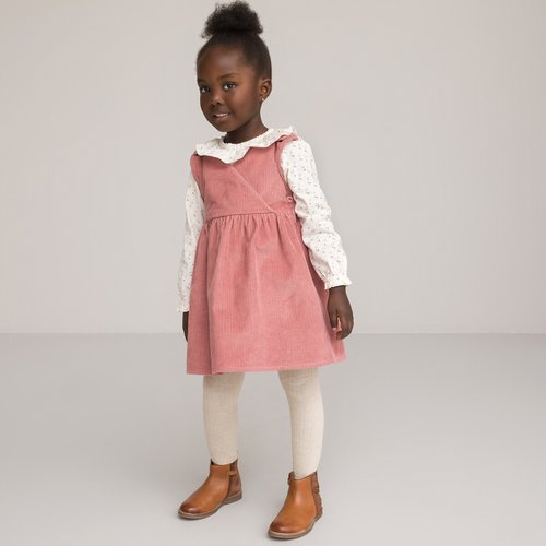 Cotton ruffled t shirt pinafore dress outfit pink white La Redoute Collections La Redoute