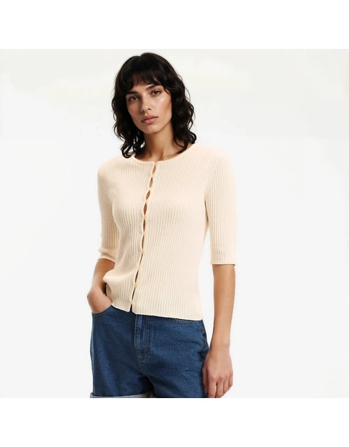 Pull col rond, en fine maille côtelée, laine et coton mélangés