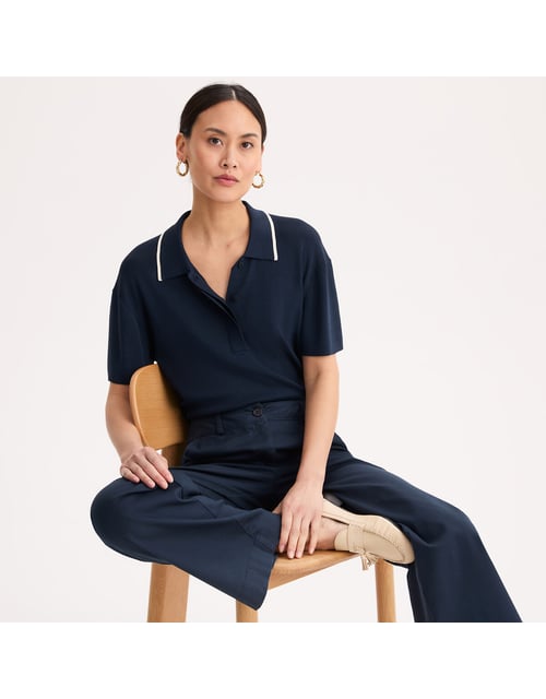 Pull col polo manches courtes en fine maille