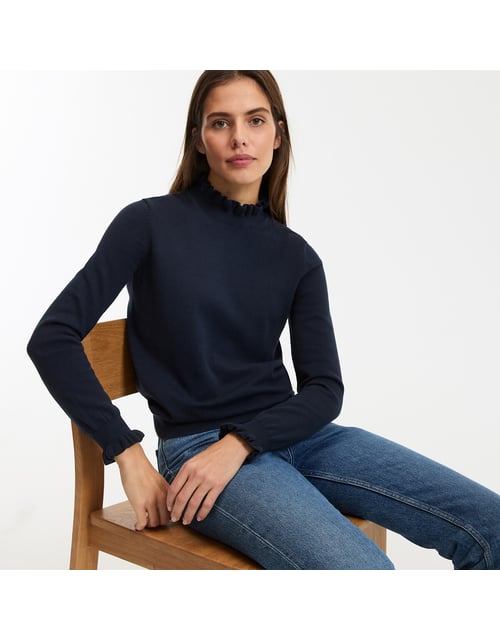 Pull col montant volanté manches longues en coton