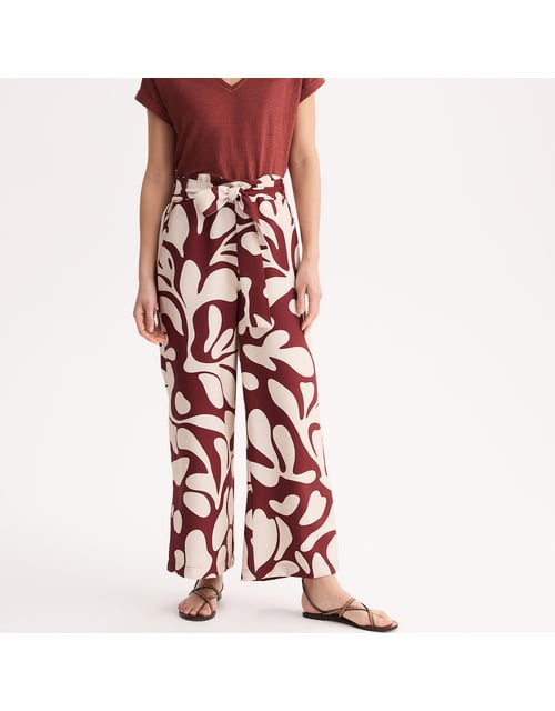 Pantalon large fluide imprimé graphique, ceinturé
