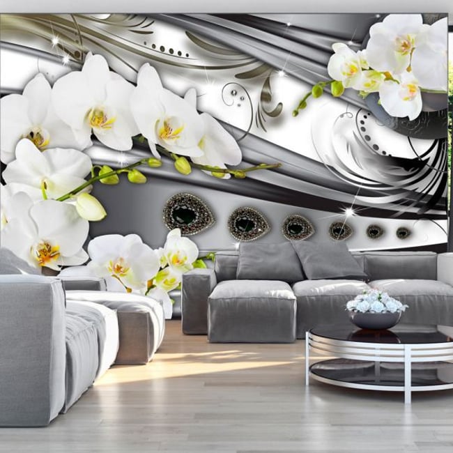 Papier peint intissé panoramique Fleurs Orchids & jewelry Couleur noir <span itemprop=