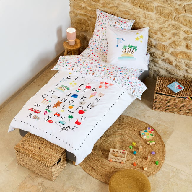Housse de couette Abécédaire - Percale de coton blanc <span itemprop=