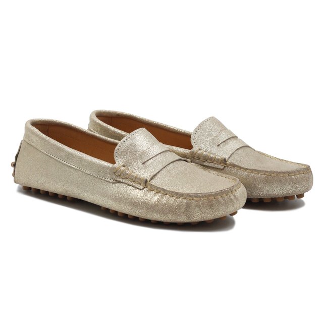 Mocassins femme cuir métalisé doré <span itemprop=