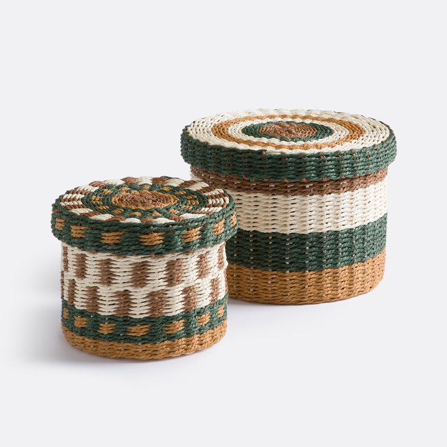 Lot de 2 paniers à couvercle, papier tressé, Onaga multicolore <span itemprop=