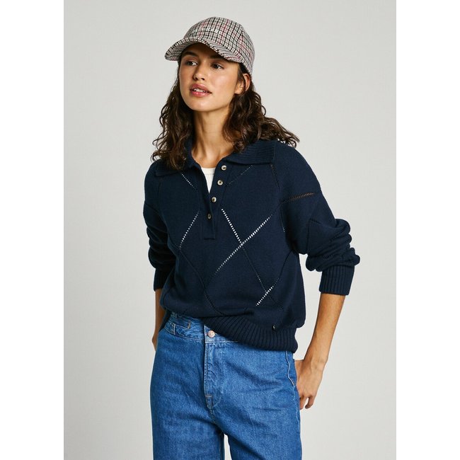 Pull avec maille ajourée, col polo IDRIS bleu marine <span itemprop=