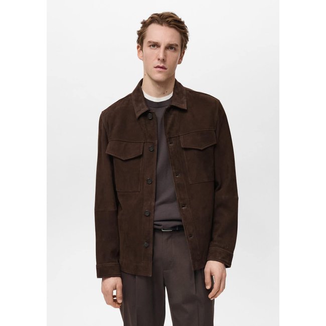 Blouson cuir daim poches chocolat <span itemprop=