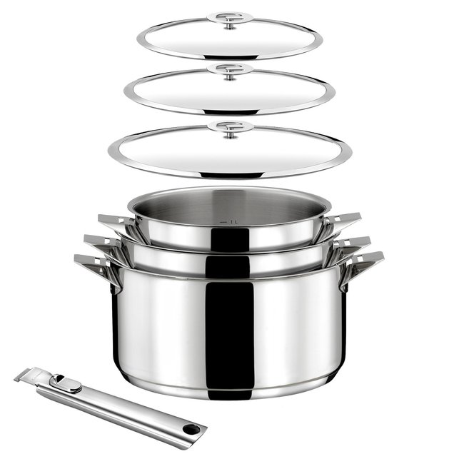 Lot 7 pièces - Casseroles 16, 18 & 20 cm, 3 couvercles et poignée amovible - ECLIPSE inox <span itemprop=