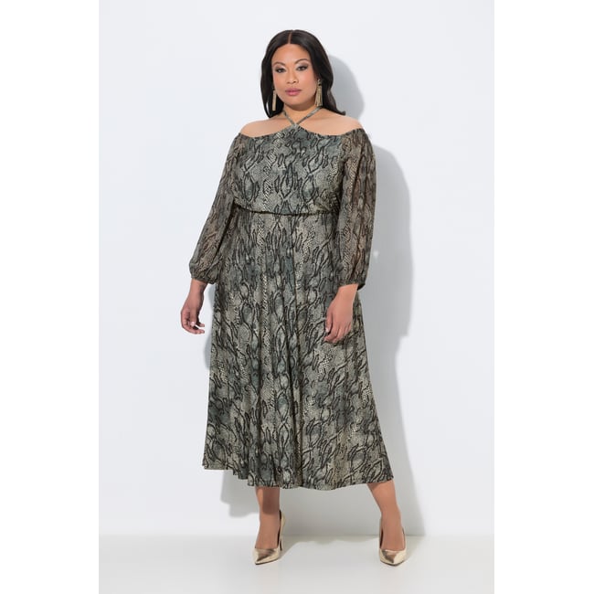 Robe longue, motif animalier, col Carmen gris olive <span itemprop=