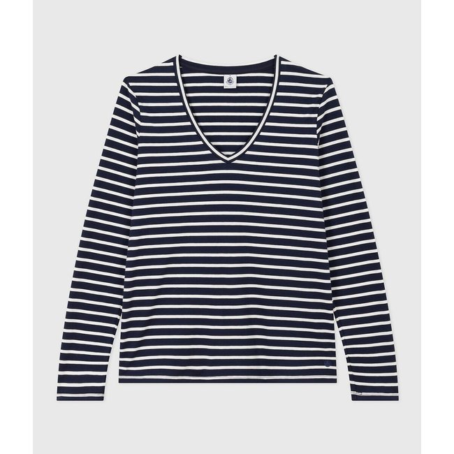 Camisola direita, mangas compridas, decote em V, em jersey marinho/cru <span itemprop=