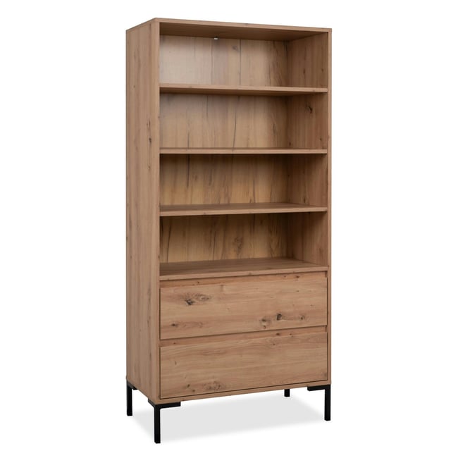 Bibliothèque étagère décor bois 2 tiroirs KARVI Couleur bois naturel <span itemprop=