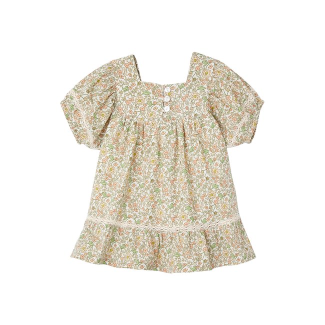 Robe fleurie détails en dentelle vanille <span itemprop=