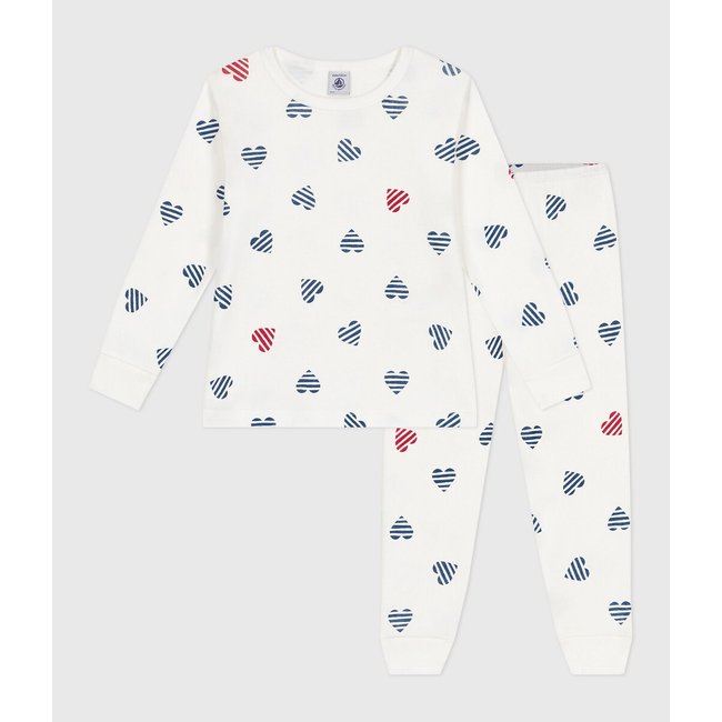 Pyjama manches longues imprimé cœurs, coton blanc uni <span itemprop=