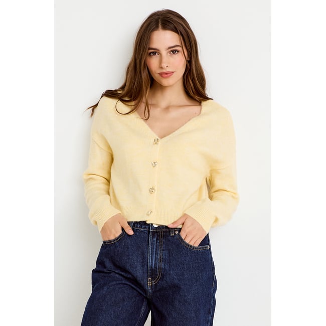 Gilet col v manches longues jaune clair <span itemprop=