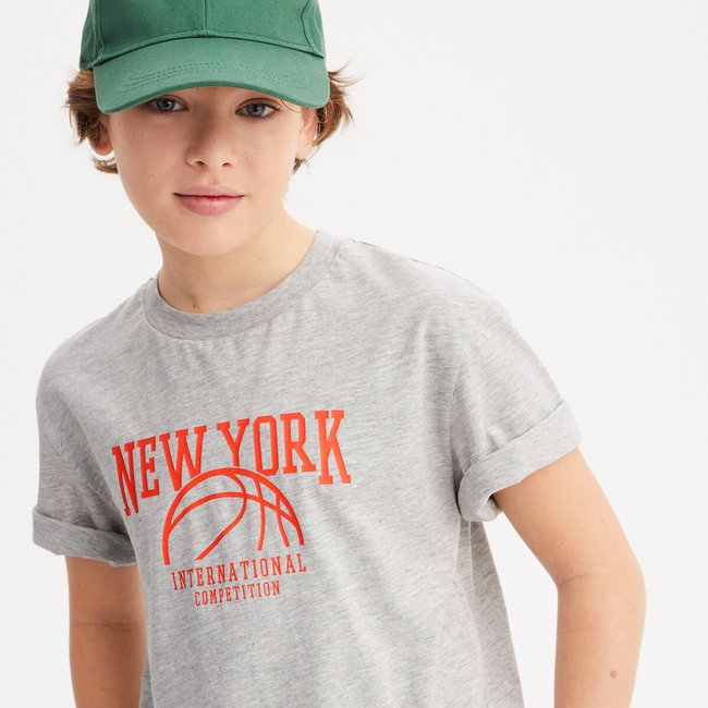 T-shirt col rond imprimé basket gris chiné <span itemprop=