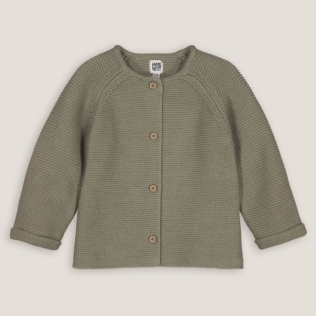 Gilet boutonné en point mousse  kaki <span itemprop=