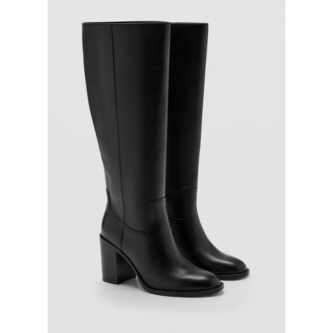 Botte haute en cuir à talon bloc noir <span itemprop=