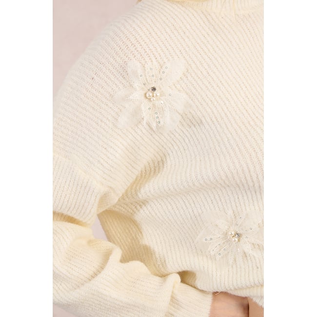 Pull Molly Bracken Beige Fleuri Ajouré Taille Unique 38/40 - Maille Acrylique Manches 3/4, Occasion