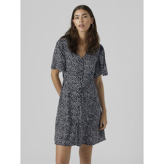 Vestido com botões, às bolas marinho às bolas <span itemprop=