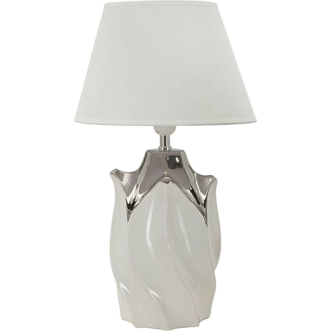 Lampe à poser céramique abat-jour tissu MODERN Couleur blanc et argenté <span itemprop=