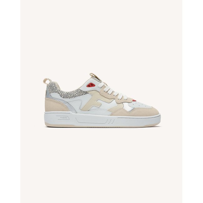 Baskets basses cuir suede DAHLIA crème et rouge <span itemprop=