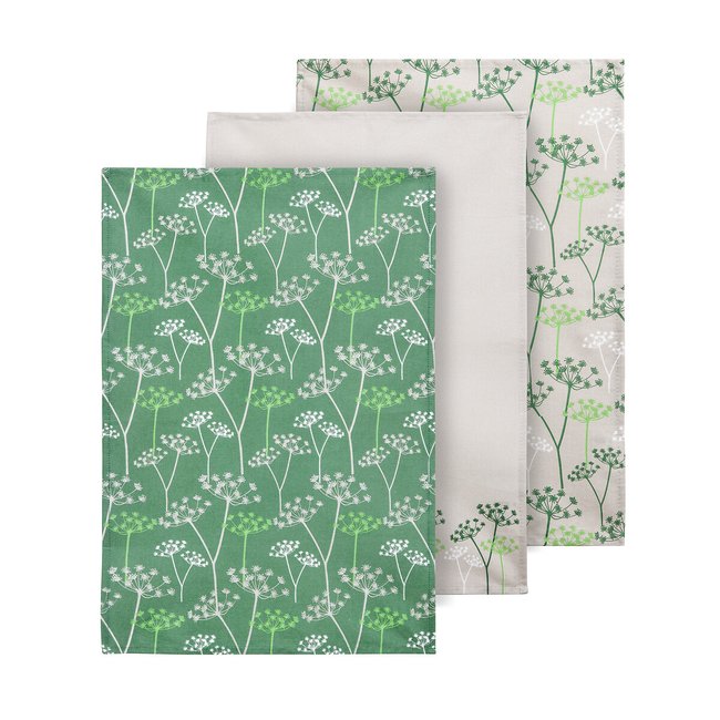 Set of 3 Cotton Tea Towels in Green Floral Print, black, SO'HOME