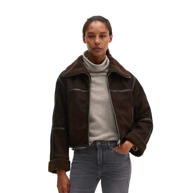 Veste en cuir coupe classique avec une doublure en peluche imitation fourrure à l'intérieur marron <span itemprop=