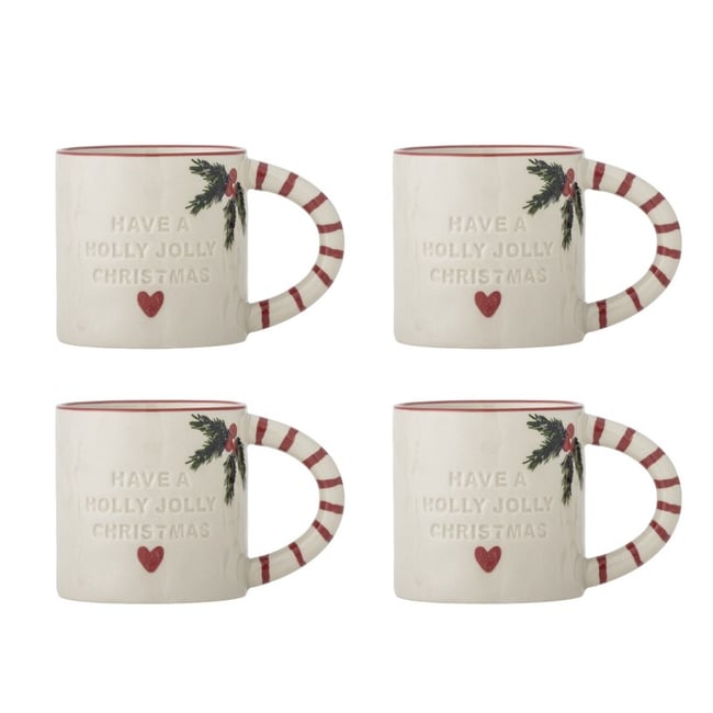 Mug grès décore noël  Jovida set de 4 Couleur crème <span itemprop=