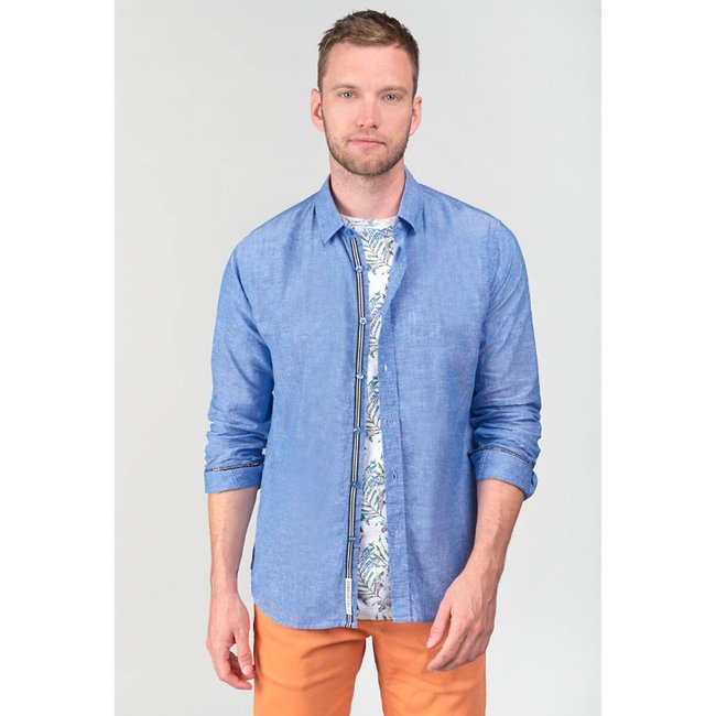 Camisa direita, mangas compridas azul <span itemprop=