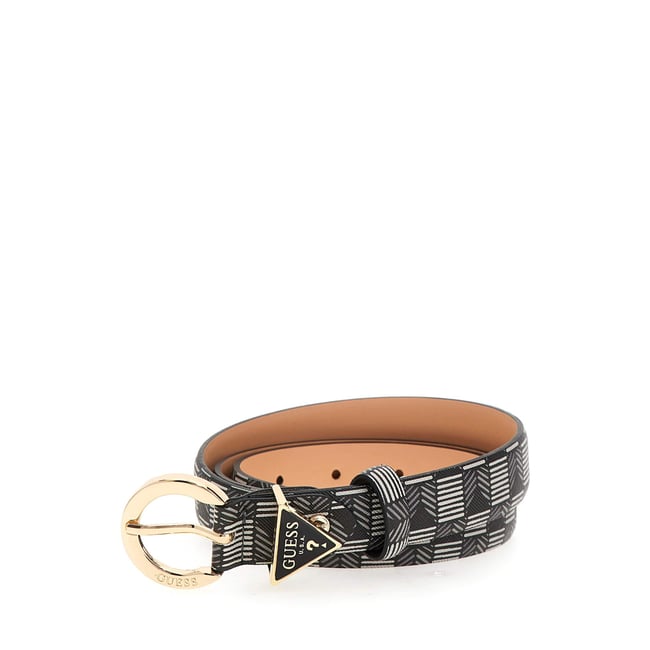 Ceinture GUESS à Logo Imprimé - Boucle Dorée, Couleurs Noir Et Marron, Style élégant Polyvalent