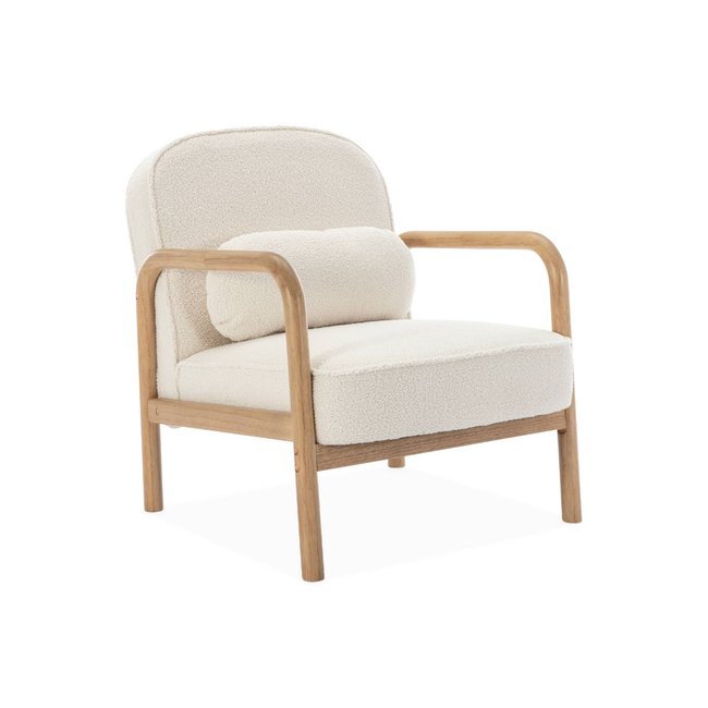 Fauteuil scandinave arrondi bois d'hévéa et bouclette AMELIE Couleur blanc <span itemprop=