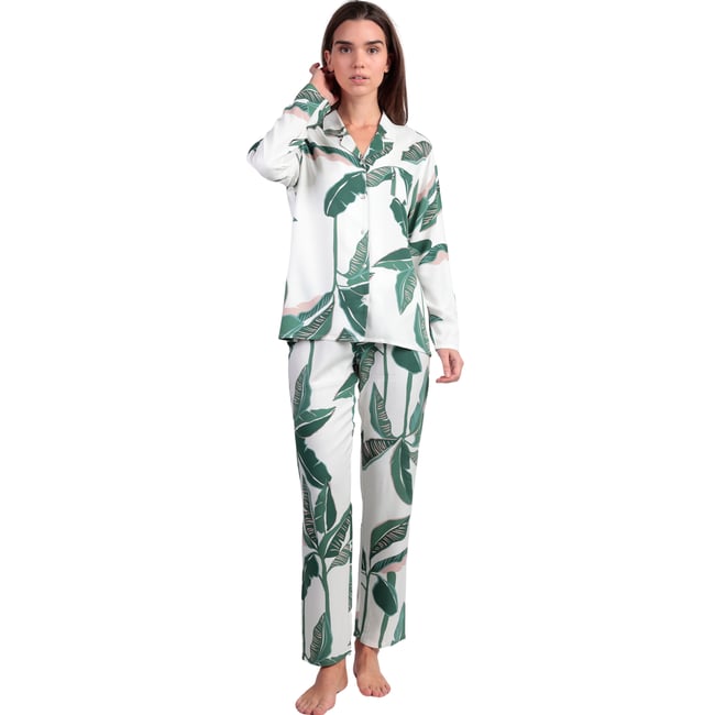 Pyjama pantalon chemise manches longues Luxury Leaves vert <span itemprop=