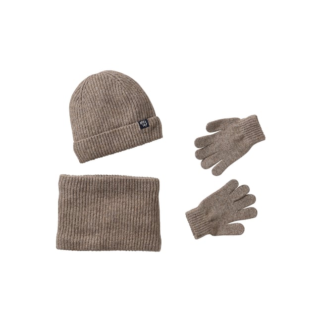 Ensemble bonnet, snood et gants taupe <span itemprop=