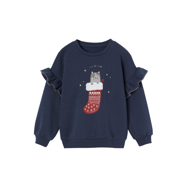 Sweat à volants motif chat fantaisie marine <span itemprop=